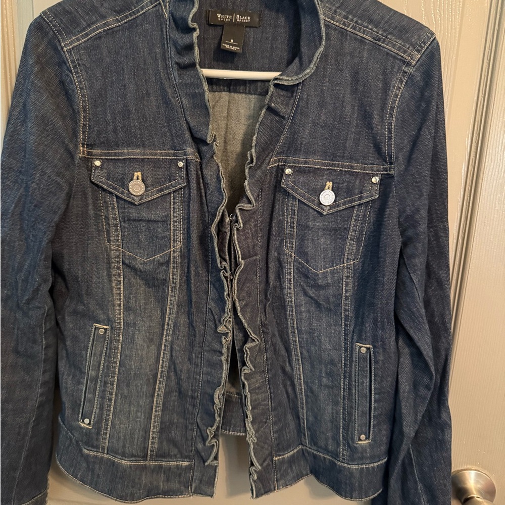 White House Black Market Blue Denim Jacket with Ruffle Trim